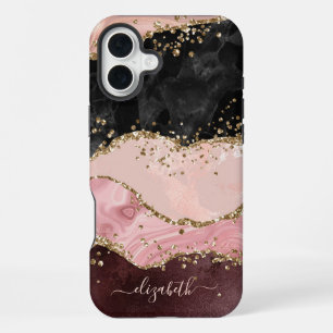 Coque iPhone 16 Plus Blush Noir Or Paillettes Agate Nom Script