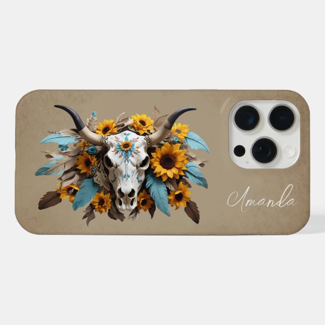 Coque iPhone Boho Chic Aquarelle Tournesol Plumes Vache crâne (Verso Horizontal)