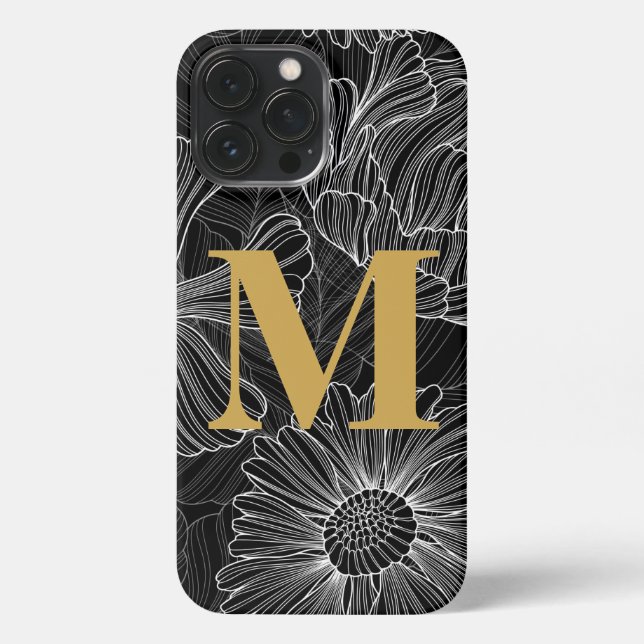 Coque iPhone Boîtier de téléphone à monogramme floral noir et b (Verso)