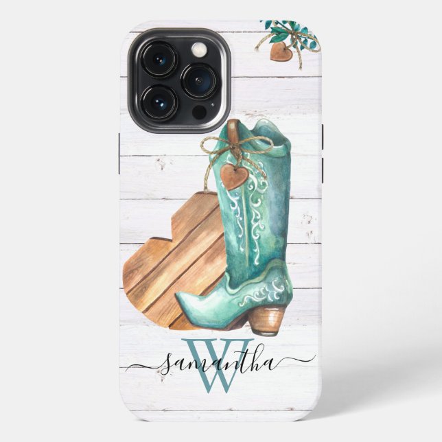 Coque iPhone Botte de cowboy occidentale Monogramme Boho Bois (Verso)