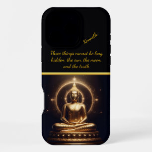 Coque iPhone 16 Pro Max Bouddha doré éclairé par la lune. Art IA