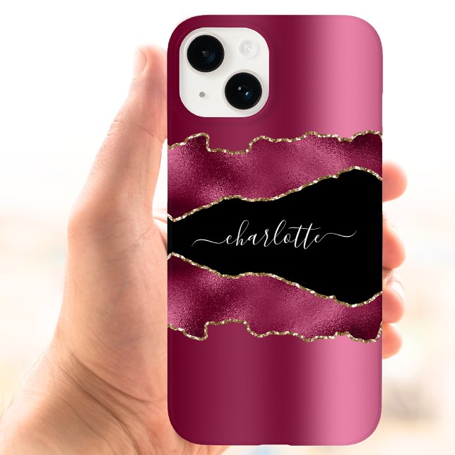 Coque iPhone Bourgeon rose agate noir nom script (Créateur téléchargé)