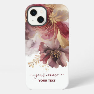 Etui iPhone 13 Bourgogne et or pailleté floral Agate