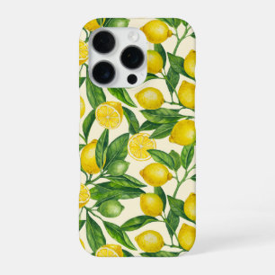Coque iPhone 16 Pro Branches de citron en vert et jaune