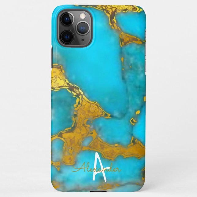 Coque iPhone BUDGET Personnalisé En Marbre D'OR Turquoise (Dos)