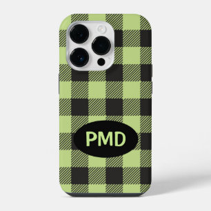 Coque Pour iPhone 14 Plus Buffalo à carreaux vert citron et noir Monogramme 