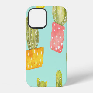 Coque iPhone 12 Cactus épineux dans les pots, motif aquarelle.