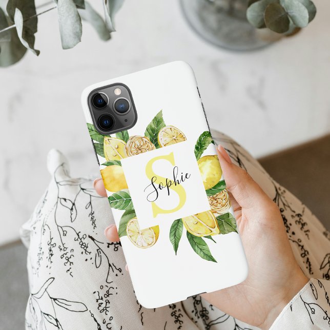 Coque iPhone Cadres et Feuilles de citrons jaunes modernes avec (Créateur téléchargé)