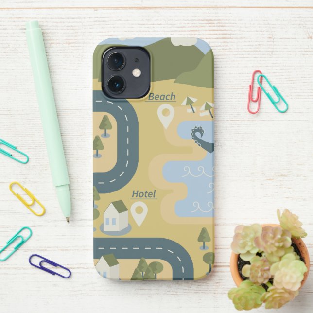 Coque iPhone Caricature élégante paysage carte de voyage (Sur le bureau)