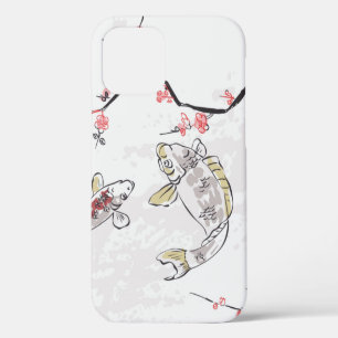 Coque iPhone 12 carpe koi poisson nature paysage vue croquis illus
