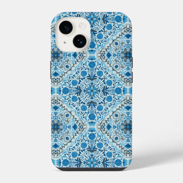 Coque iPhone Carreaux à fleurs bleus (Verso)