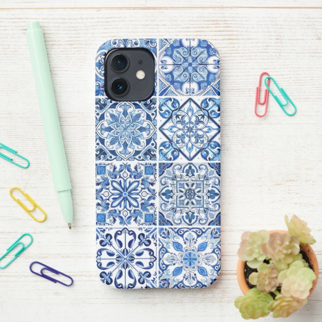 Coque iPhone Carrelage méditerranéen, Portugais, Azulejo, Majol (Sur le bureau)