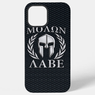 Coque iPhone 12 Pro Max Casque spartiate Chrome Molon Labe sur la grille