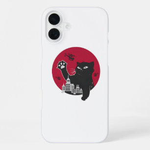 Coque iPhone 16 Plus Catzilla – Géant Chat Noir Parodie avec Ville