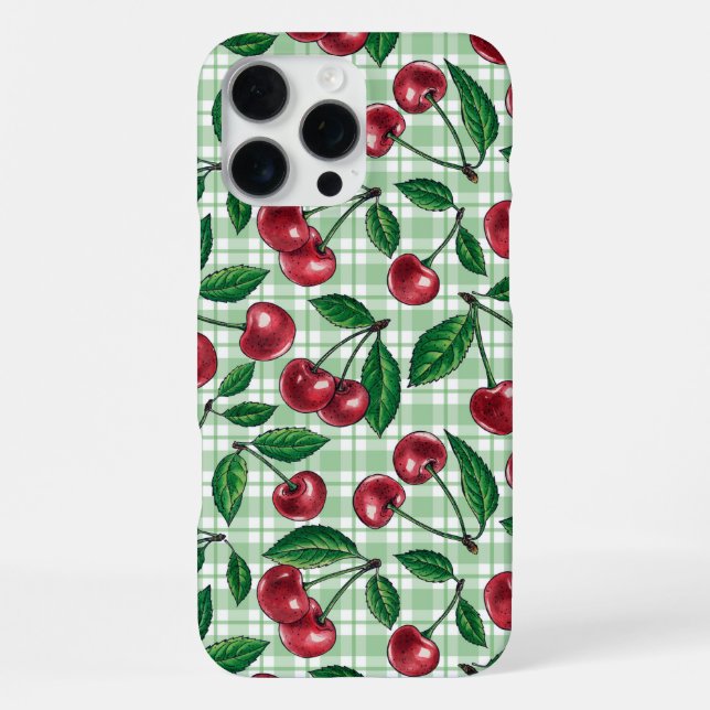Coque iPhone Cerises rouges sur en vichy vert clair (Verso)