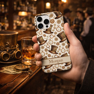 Coque iPhone 16 Pro Max Chapeau victorien personnalisé Steampunk et nom à