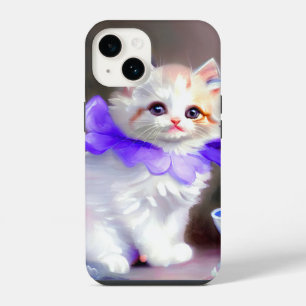 Coque Pour iPhone 14 Chat blanc avec collier de fleurs violettes