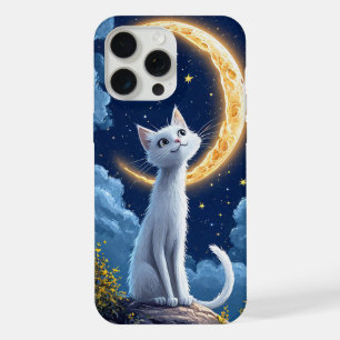 Chat Blanc Fantaisiste Admirant une Lune Brillante