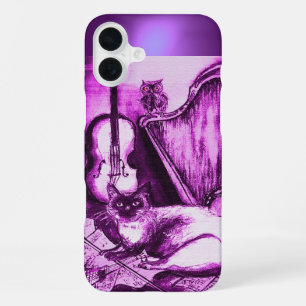 COQUE iPhone 16 PLUS CHAT MUSICAL AVEC HIBOU EN ROSE VIOLET GEMME