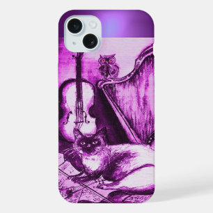 CHAT MUSICAL AVEC HIBOU EN ROSE VIOLET GEMME