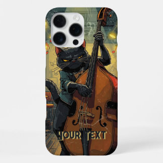 Coque iPhone 16 Pro Max Chat Noir Lunatique Jouant du Violoncelle Cadeau d