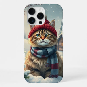 Coque iPhone 16 Pro Max Chat tigré en tenue et chapeau d'hiver chic
