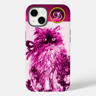 Coque Pour iPhone 14 Chaton aux roses roses fuchsia Gemstone Monogramme