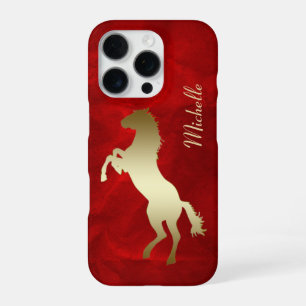Coque iPhone 16 Pro Cheval cabré silhouette or rouge 
