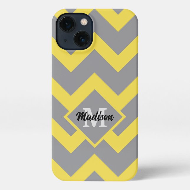 Coque iPhone Chevron jaune gris motif lignes rayures Monogramme (Verso)