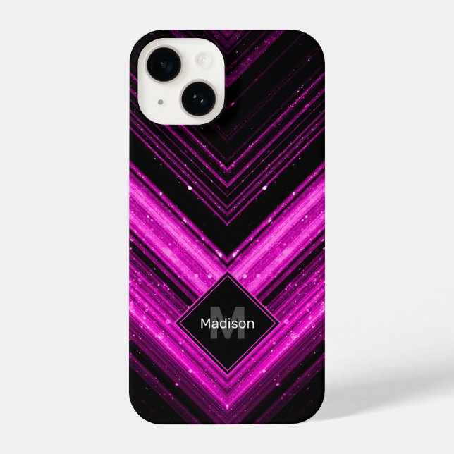 Coque iPhone Chevron noir rose chaud brillant métallique Monogr (Verso)
