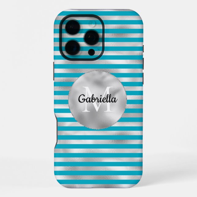 Coque iPhone Chic Aqua Monogram rayures argentées (Verso)
