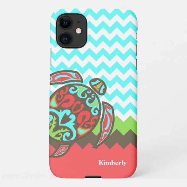 Coque iPhone Chic Chevron & Tortue de mer sur mesure (Dos)