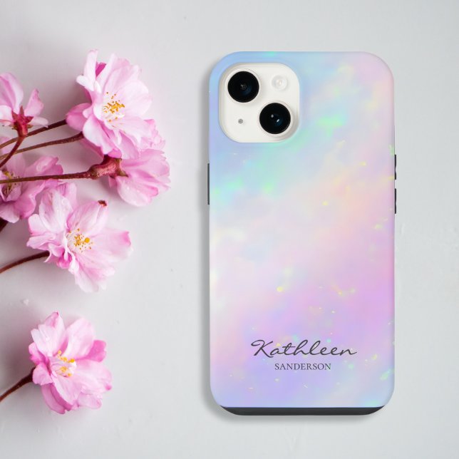 Coque iPhone Chic Girly Pink Monogram iPhone 13 Pro Coque (Chic girly iridescent blush pink phone case for iPhone and Samsung customizable with name in script)