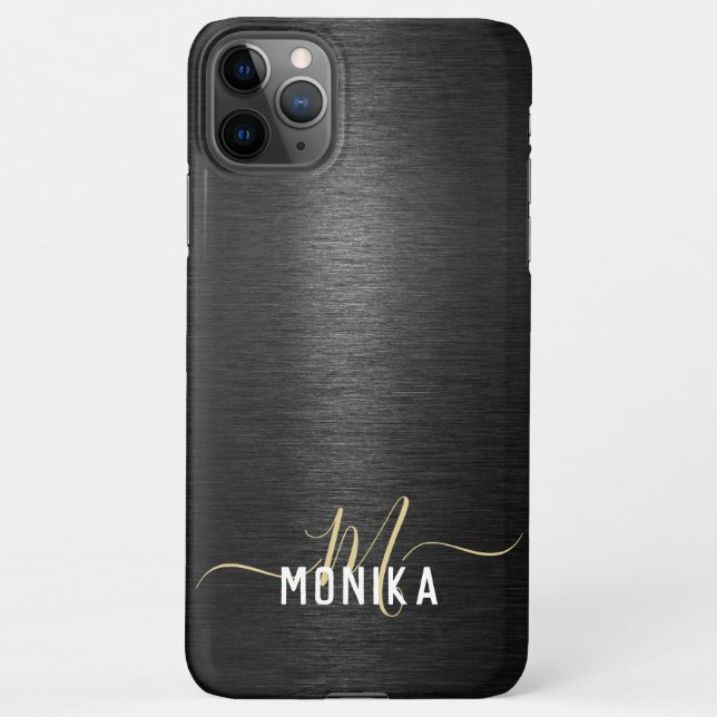 Coque iPhone Chic moderne en métal brossé noir Monogramme or (Dos)