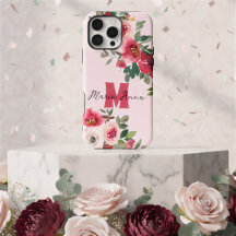 Chic Pink Watercolor Burgundy Floral Custom Name