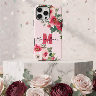 Coque iPhone 16 Pro Max Chic Pink Watercolor Burgundy Floral Custom Name