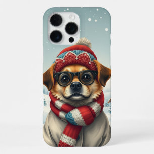 Coque iPhone 16 Pro Max Chien cool en tenue d'hiver preppy et chapeau
