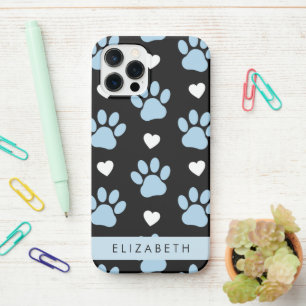 Coque iPhone 12 Pro Chien Paws, Blue Paws, White Hearts, Votre Nom
