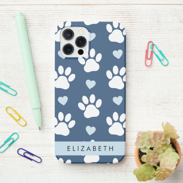 Coque iPhone Chien Paws, White Paws, Blue Hearts, Votre Nom (Sur le bureau)