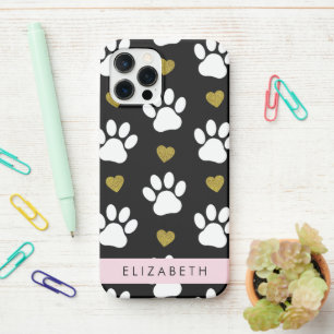 Coque iPhone 12 Pro Chien Paws, White Paws, Gold Hearts, Votre Nom