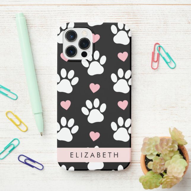 Coque iPhone Chien Paws, White Paws, Rose Hearts, Votre Nom (Sur le bureau)