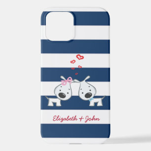 Coque iPhone 12 Chiens adorables en amour sur Striped-Personnalisé
