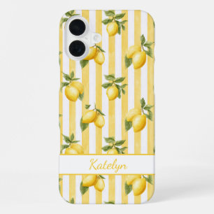 Coque iPhone 16 Plus Citrons à l'aquarelle sur monogramme à rayures jau