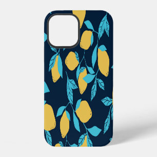 Coque iPhone 12 Citrus simple : citrons sur fond bleu.