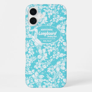 Coque iPhone 16 Plus Club Surfing Longboard Hibiscus Hawaïen Turq