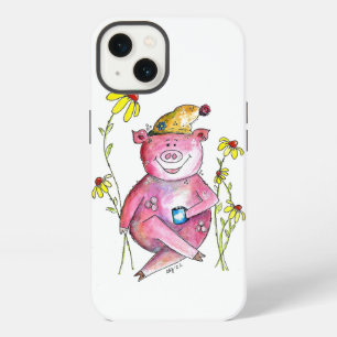 Etui iPhone 13 Cochon fantaisiste mignon buvant du café