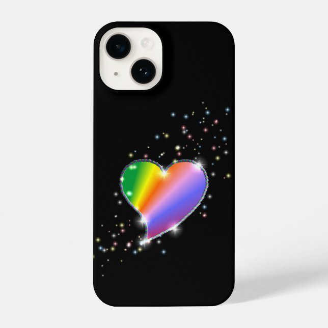 Coque iPhone Coeur arc-en-ciel avec étoiles sur noir (Verso)