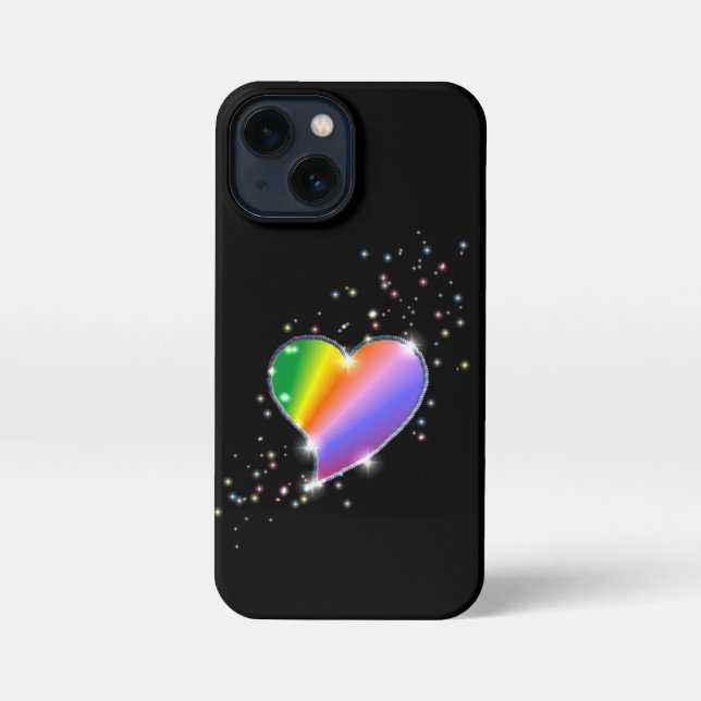 Coque iPhone Coeur arc-en-ciel avec étoiles sur noir (Verso)