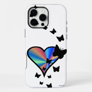 Coque iPhone 16 Pro Max Cœur arc-en-ciel et papillon