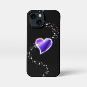 Etui iPhone 13 Mini Coeur arc-en-ciel violet avec étoiles sur noir